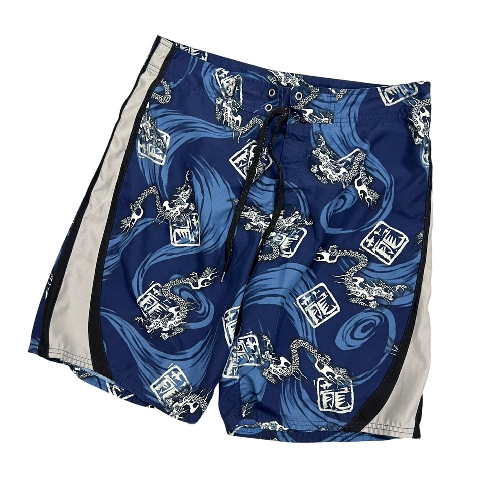 Vintage Y2K Crazy Shirts Hawaii Original Dragon Kanji Board Shorts Blue Mens 34